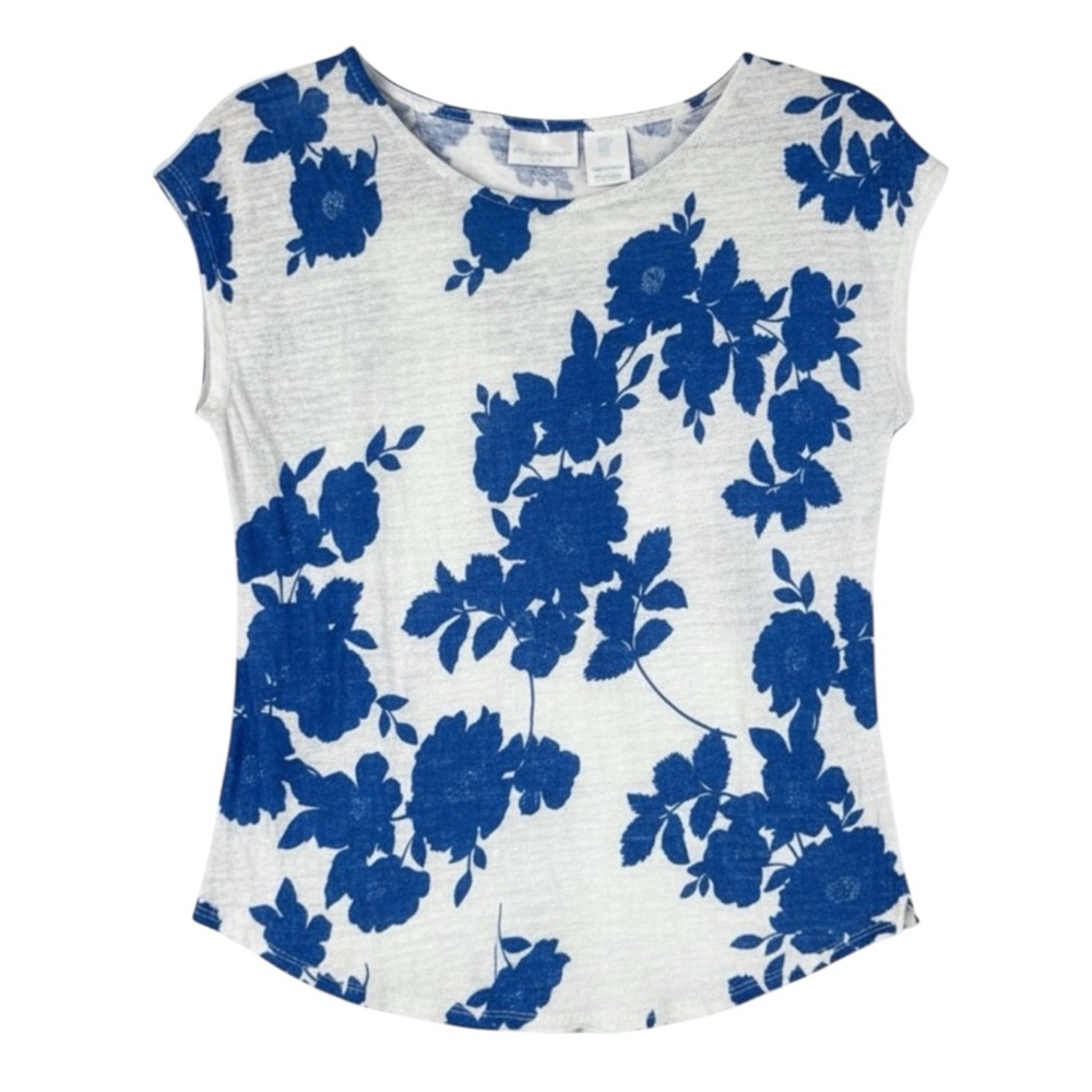 CYNTHIA ROWLEY 100% Linen Cap Sleeve Floral Top in Blue/White Size - Picture 4 of 9